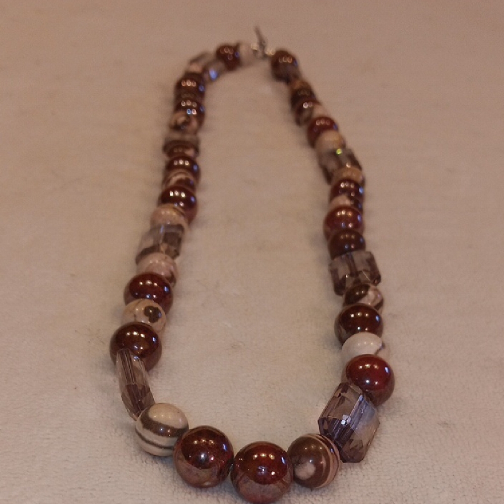 Stunning Handmade Earthy Artisan Beaded Necklace - Brown, Red, Cream Tones - Picture 4 of 6